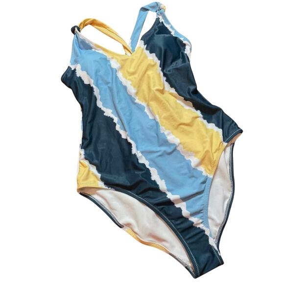 Jessica Simpson Smooth Sailing V-Neck One-Piece Swimsuit Blue Yellow Medium NWT - Picture 2 of 5